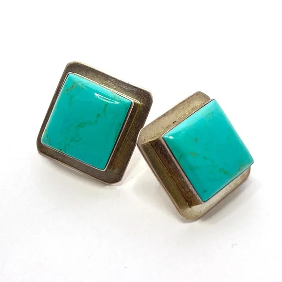 Silver Turquoise Square Post Earrings - Vintage - 7/8" Square - Mid Century - Picture 7 of 8